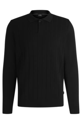 BOSS - Wool polo sweater with knitted stripes - Black