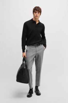 Wool polo sweater with knitted stripes, Black