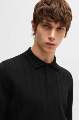 Wool polo sweater with knitted stripes, Black