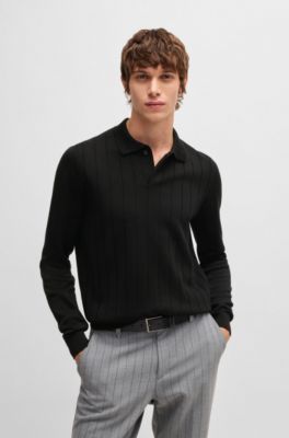 Wool polo sweater with knitted stripes, Black