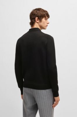 Wool polo sweater with knitted stripes, Black
