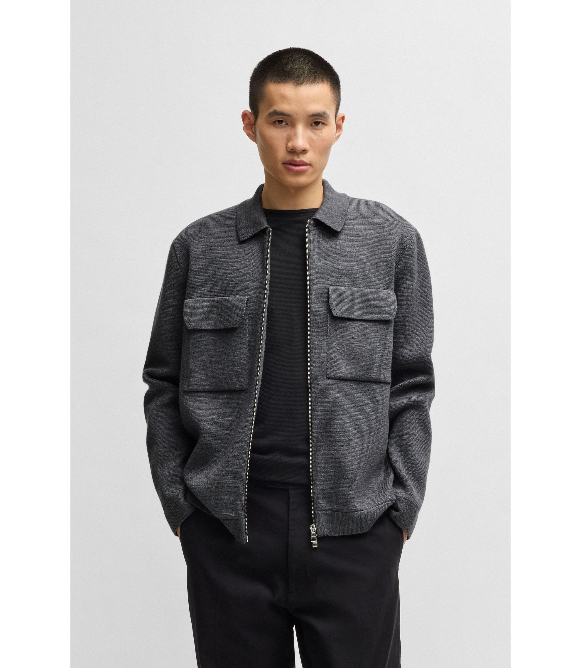 美品 2XL ヒューゴボス ニット ジップアップジャケット 羊革使用