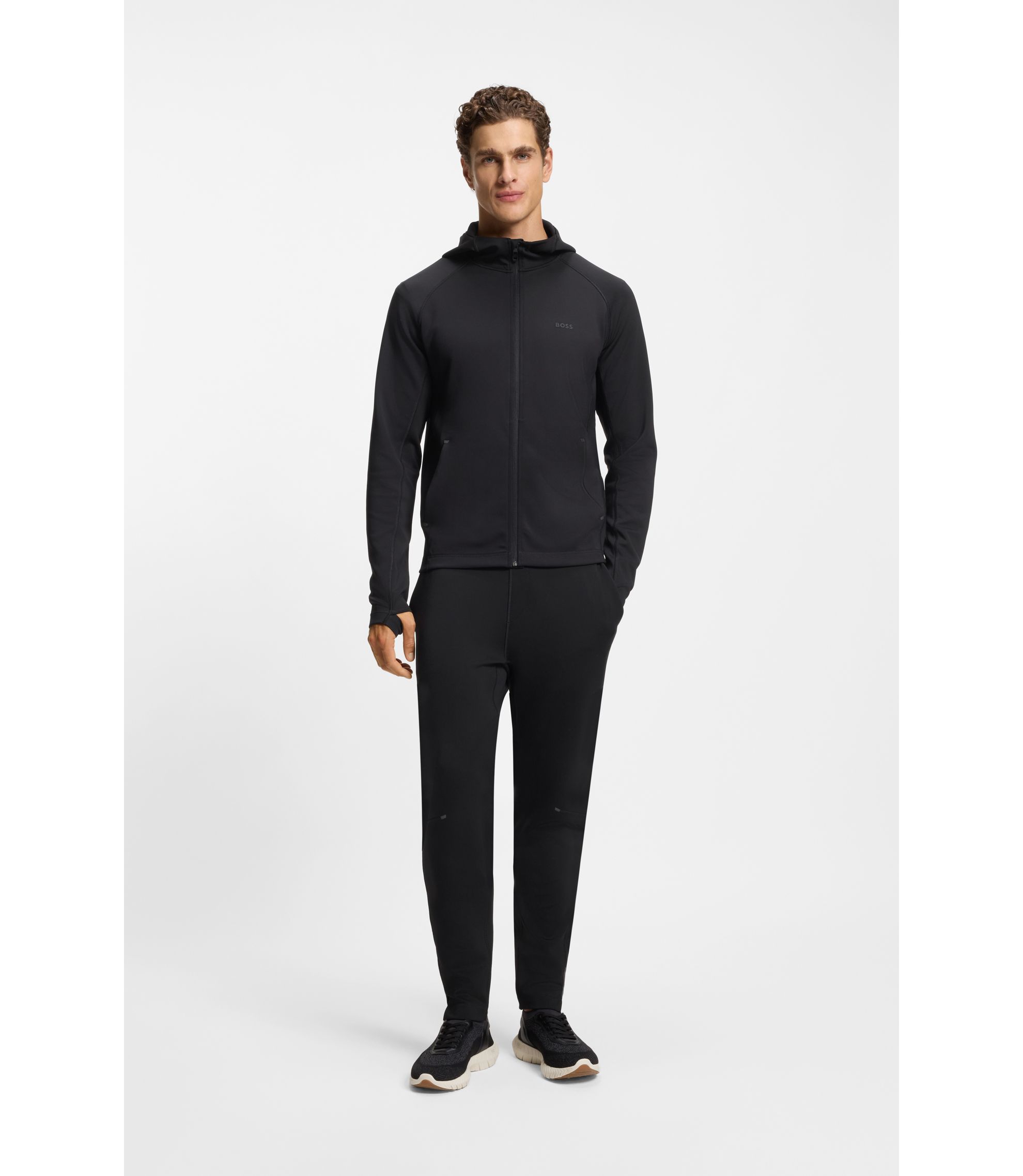 BOSS - Reflective-branding hoodie with zip front - Black