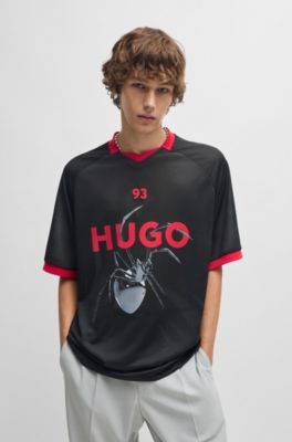 Relaxed-fit football-style mesh T-shirt with seasonal print, Black