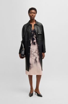 Leather trench coat with silver-tone trims, Black