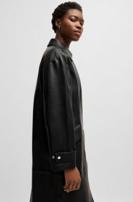 Leather trench coat with silver-tone trims, Black
