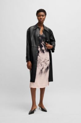Leather trench coat with silver-tone trims, Black