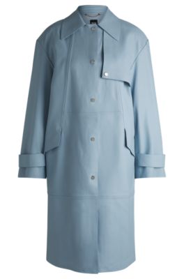 Leather trench coat with silver-tone trims, Light Blue