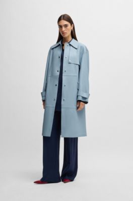 Leather trench coat with silver-tone trims, Light Blue