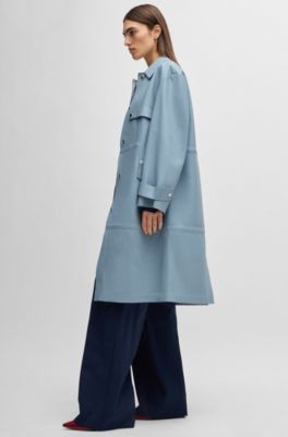 Leather trench coat with silver-tone trims, Light Blue