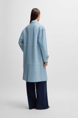 Leather trench coat with silver-tone trims, Light Blue