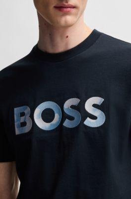 Cotton-jersey regular-fit T-shirt with script logo, Dark Blue
