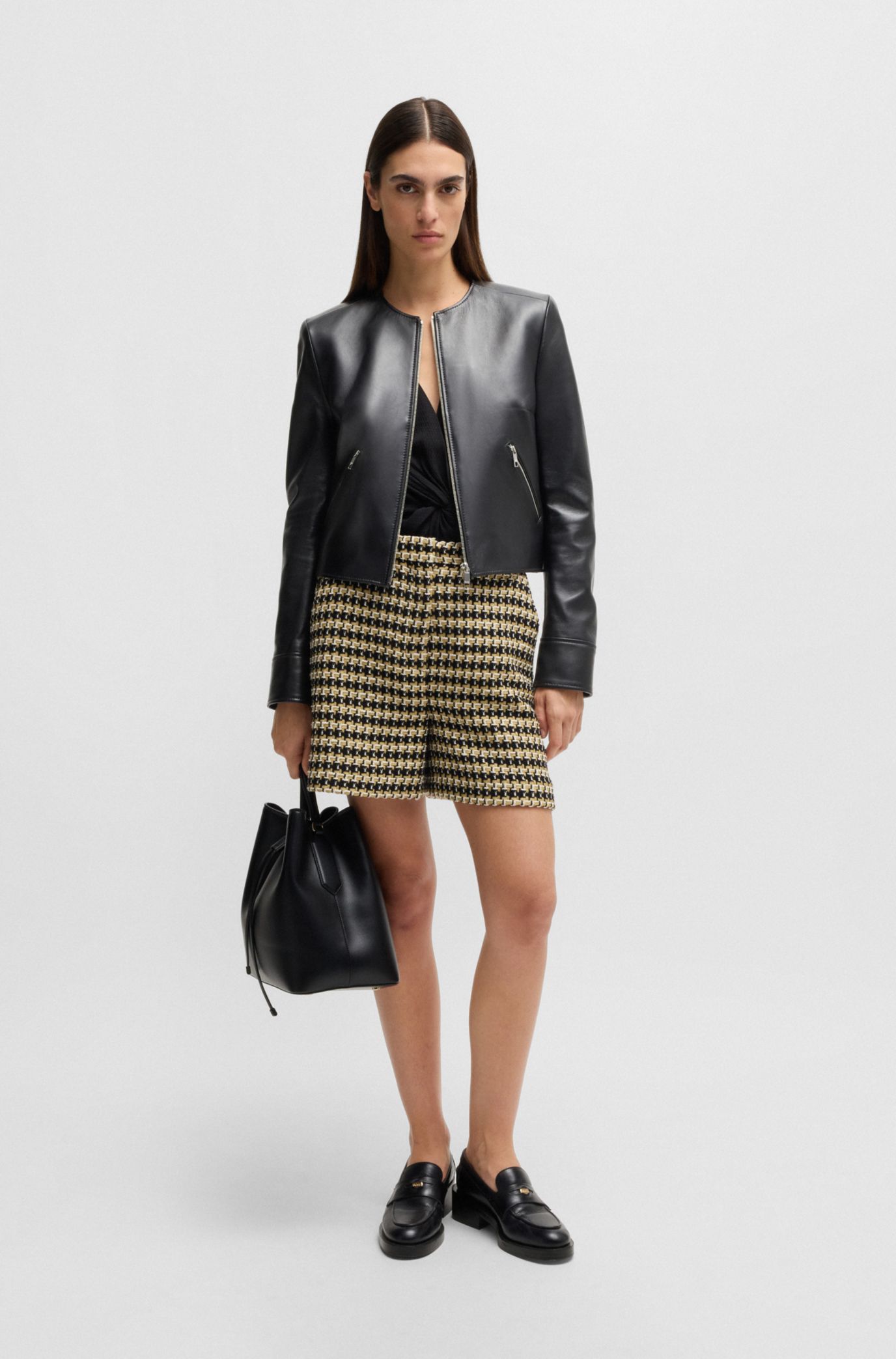 BOSS - Collarless leather jacket with zip closure - Black
