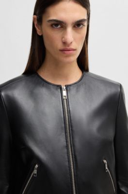 BOSS - Collarless leather jacket with zip closure - Black
