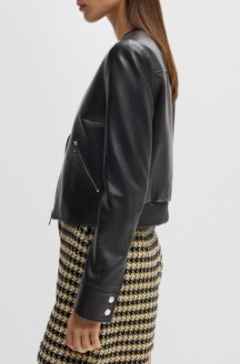 Collarless leather jacket with zip closure, Black