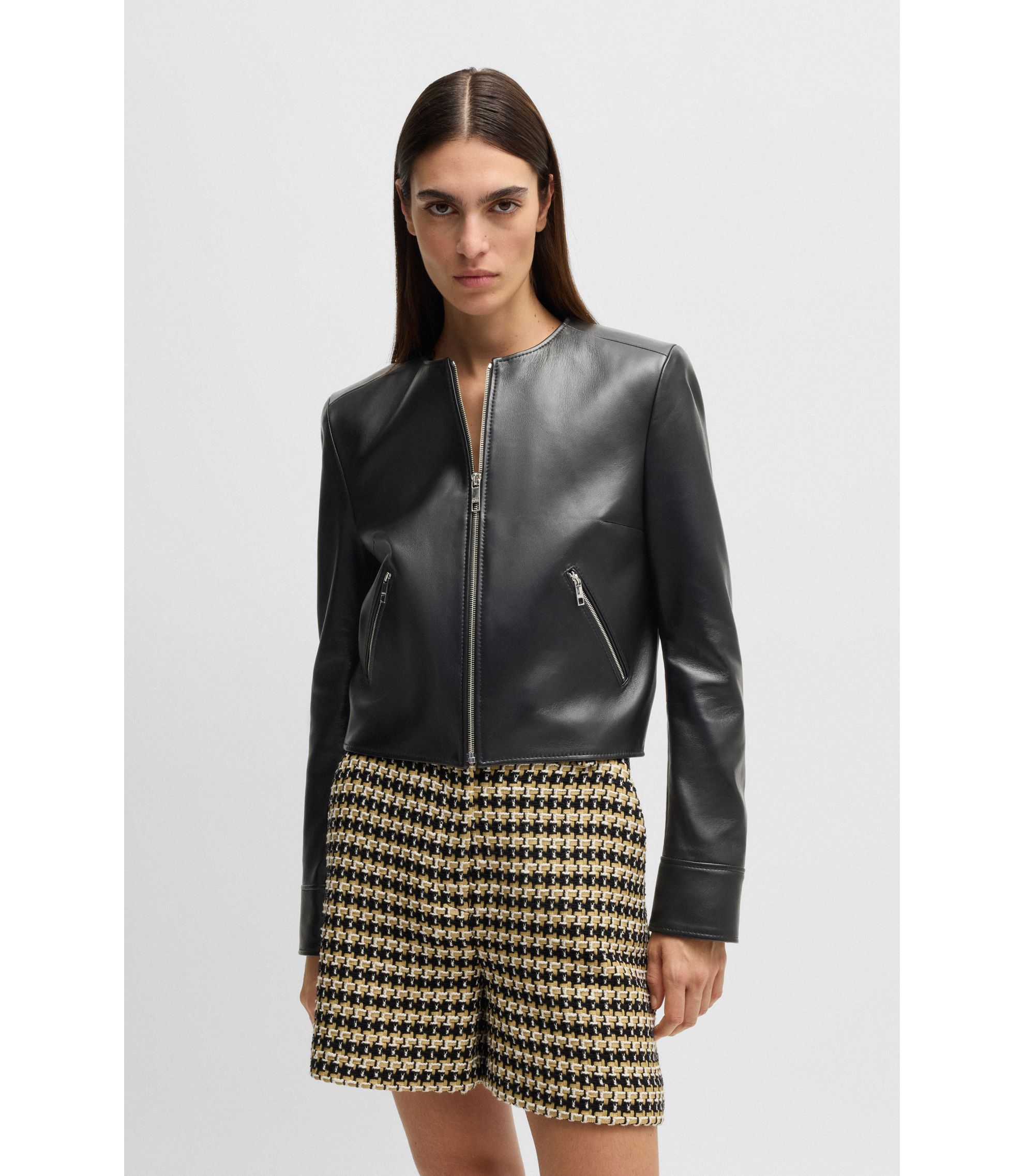 HUGO BOSS ノーカラージャケット 32 BOSS - ノーカラー レザージャケット スリムフィット - ブラック