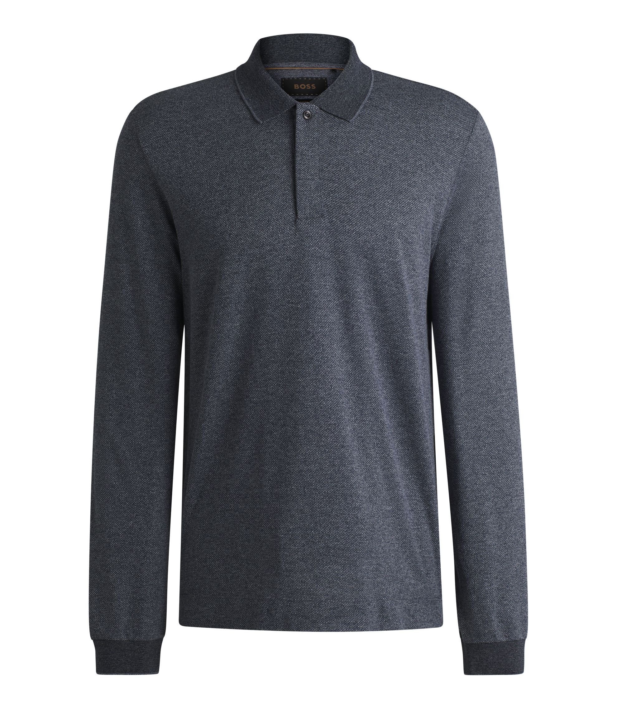 BOSS Long-sleeved knit polo in mouliné cotton and silk Dark Blue