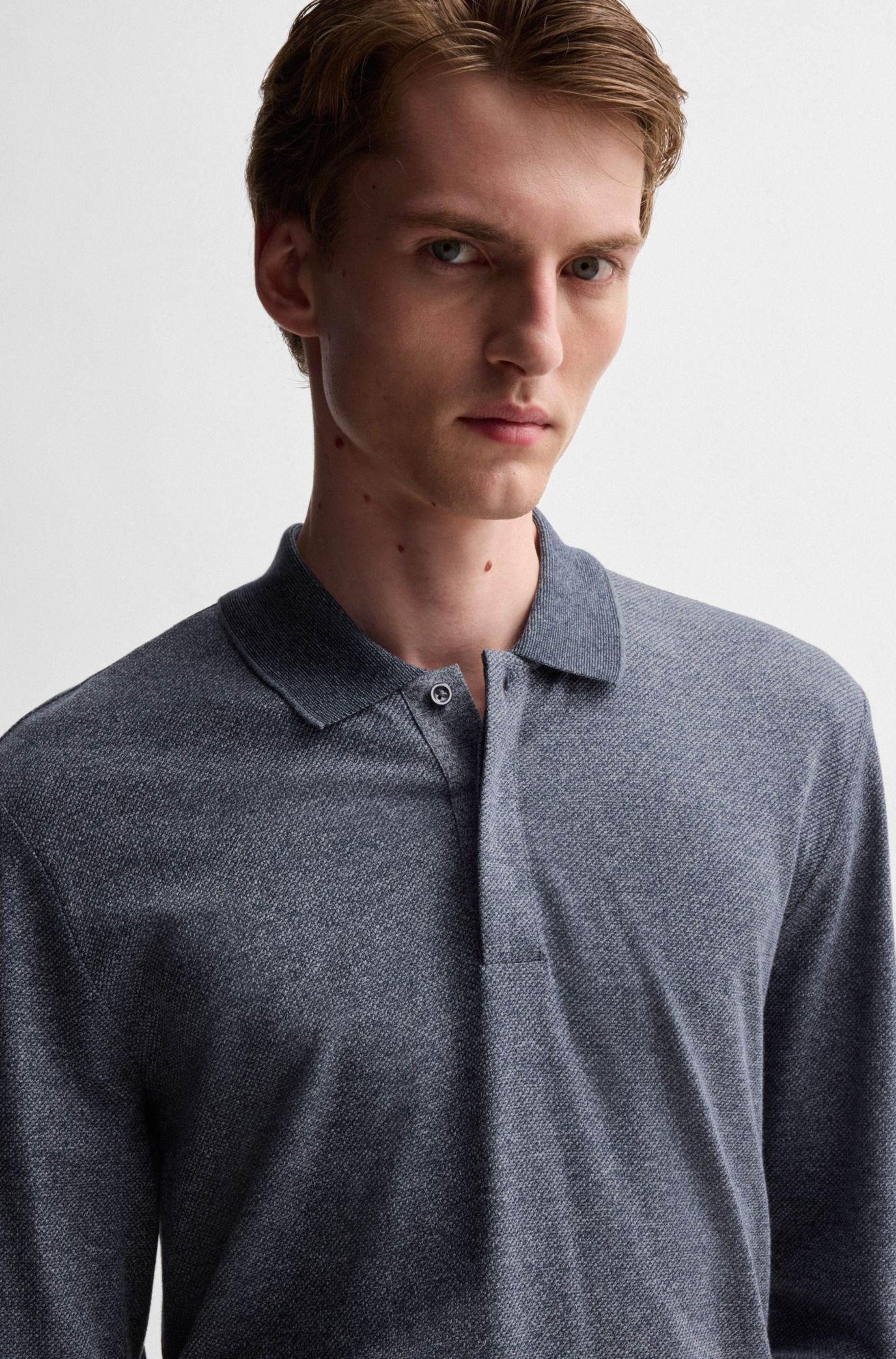 BOSS - Long-sleeved knit polo in mouliné cotton and silk