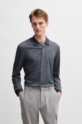 Long-sleeved knit polo in moulin&eacute; cotton and silk, Dark Blue