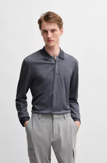 Long-sleeved knit polo in mouliné cotton and silk