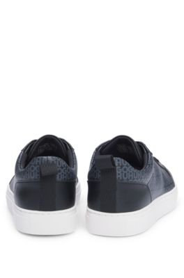 Faux-leather lace-up trainers with monogram print, Black
