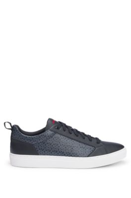 Faux-leather lace-up trainers with monogram print, Black