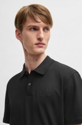 Mercerized-cotton polo shirt with script logo, Black