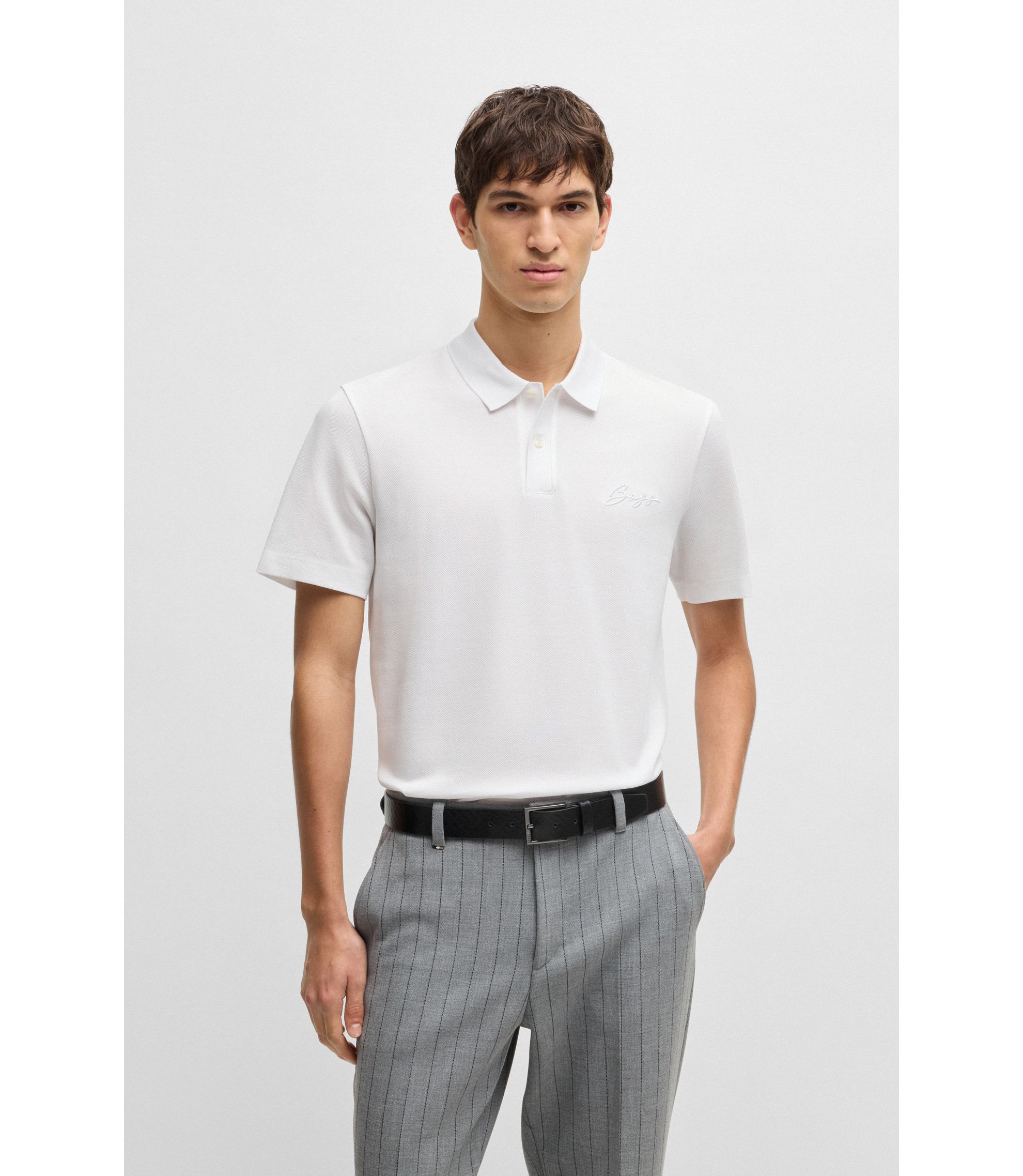 BOSS - Mercerized-cotton polo shirt with script logo - White