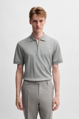 Zip-neck polo shirt in cotton and cashmere, Silver