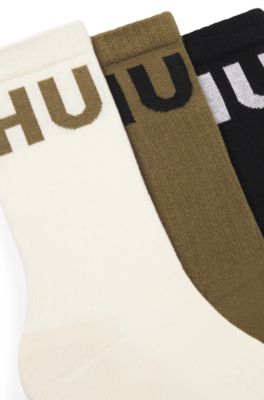 Lot de trois paires de chaussettes mi-mollet c&ocirc;tel&eacute;es &agrave; logos, Chaux