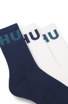 Lot de trois paires de chaussettes mi-mollet c&ocirc;tel&eacute;es &agrave; logos, Bleu fonc&eacute;