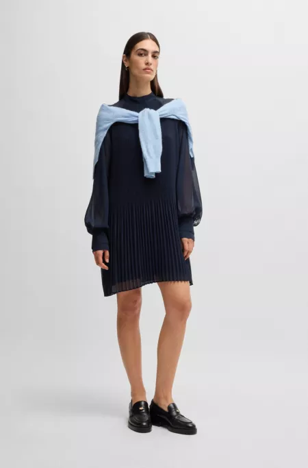 Sheer-sleeve dress with plissé pleats