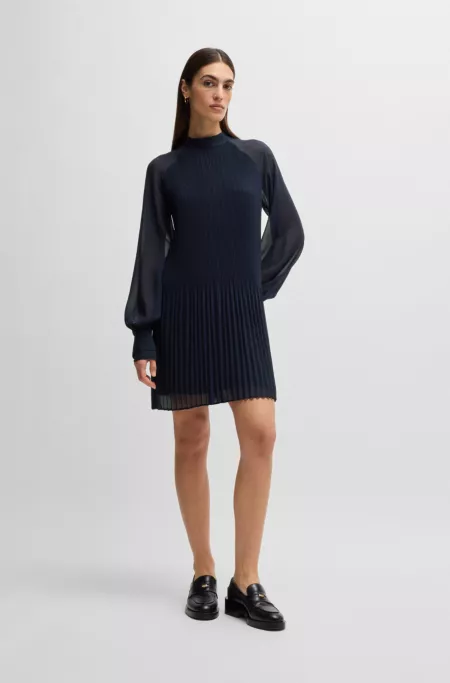Sheer-sleeve dress with plissé pleats