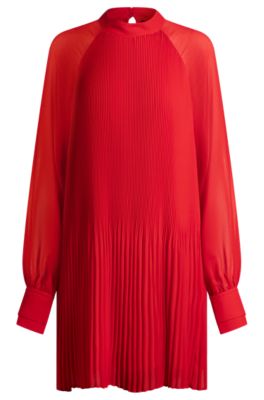 Vestido plisado con mangas transparentes, Rojo