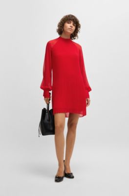 Sheer-sleeve dress with pliss&eacute; pleats, Red