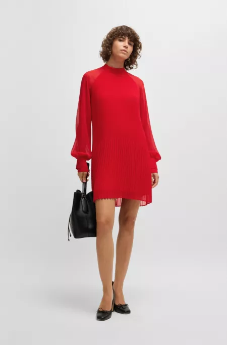 Sheer-sleeve dress with plissé pleats