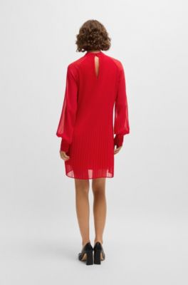 Vestido plisado con mangas transparentes, Rojo