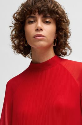 Vestido plisado con mangas transparentes, Rojo