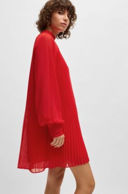 Vestido plisado con mangas transparentes, Rojo