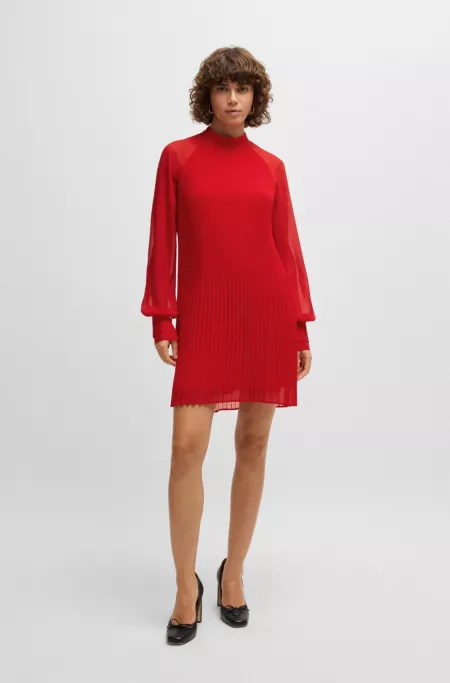 Sheer-sleeve dress with plissé pleats
