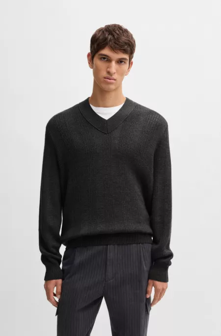 Mixed-structure V-neck sweater in wool