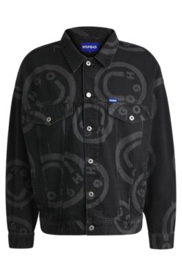Hugo Boss Relaxed-fit Denim Jacket With Happy Hugo Print In Black