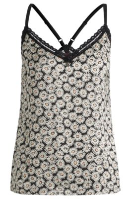 Lace-trim pajama vest in satin, Patterned