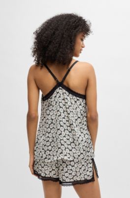 Lace-trim pajama vest in satin, Patterned
