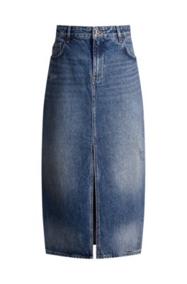 Denim midi skirt with front slit, Blue