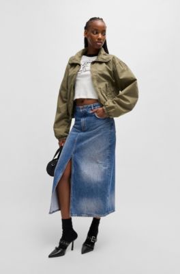 Denim midi skirt with front slit, Blue