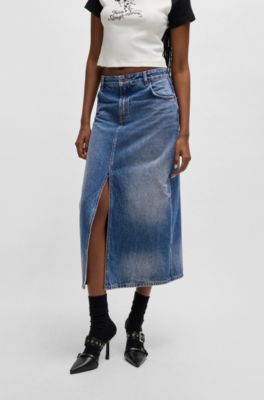Denim midi skirt with front slit, Blue