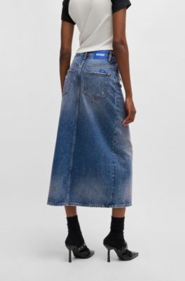 Denim midi skirt with front slit, Blue