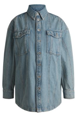 Long-length blue-denim shirt with patch pockets, Blue