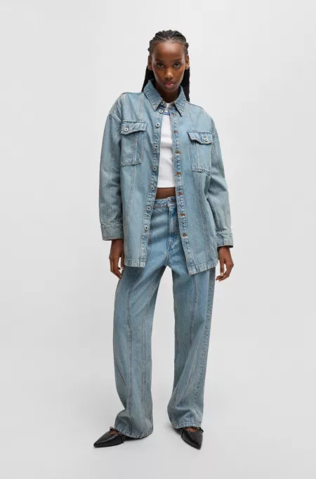 Long-length blue-denim shirt with patch pockets